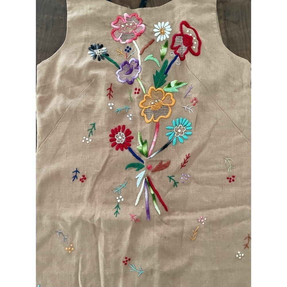 Vintage 60’s 70’s Hand Stitch Embroidery Floral Colorful Garden Sheath Tan Dress - Picture 10 of 15